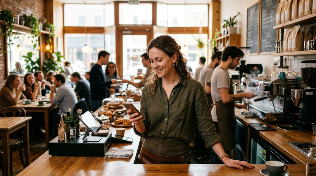 café owner checking staff schedule on phone